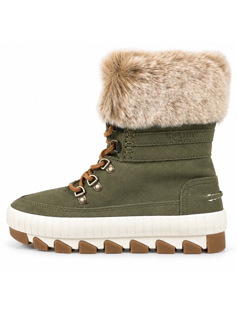 Sperry Torrent Winter Boots Womens 6.5 Olive Suede Waterproof Faux Fur Lace Up